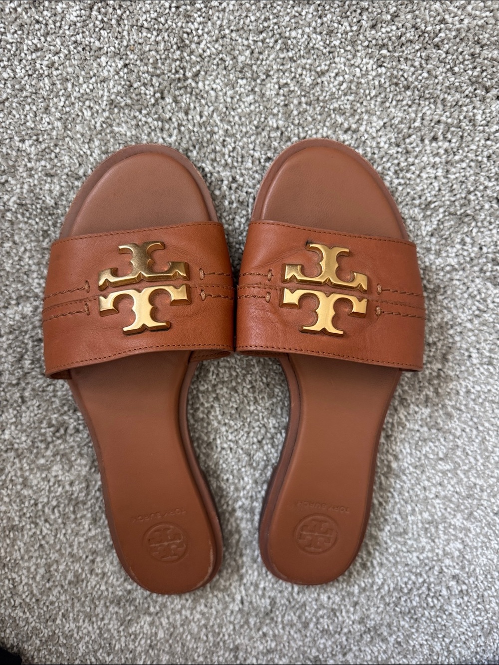 Tory Burch Cognac Leather Slide Sandals with Gold Logo